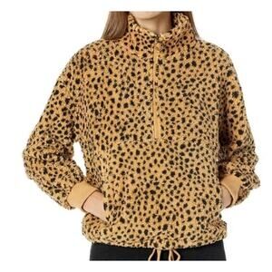 Billabong Faux Fur Leopard Pullover 1/2 Half Zip Sweater Size XL